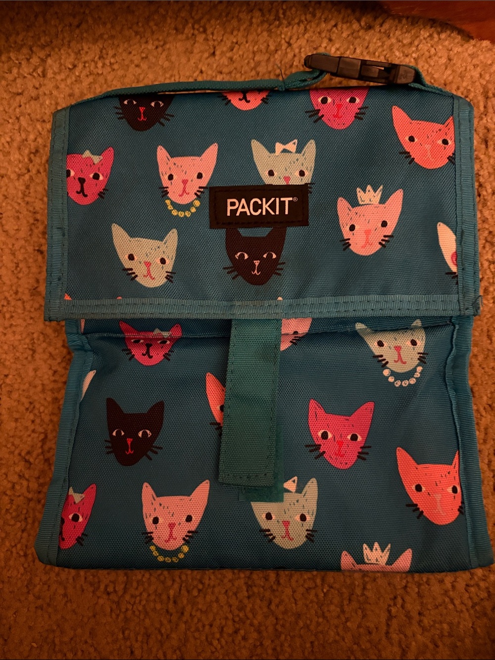 PackIt Cat Print Foldable Lunch Bag - Teal with Pink Accents